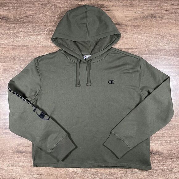 Champion Pullover Hoodie Women's XL Army Green Cropped Raw Hem Cotton Poly - Picture 2 of 11